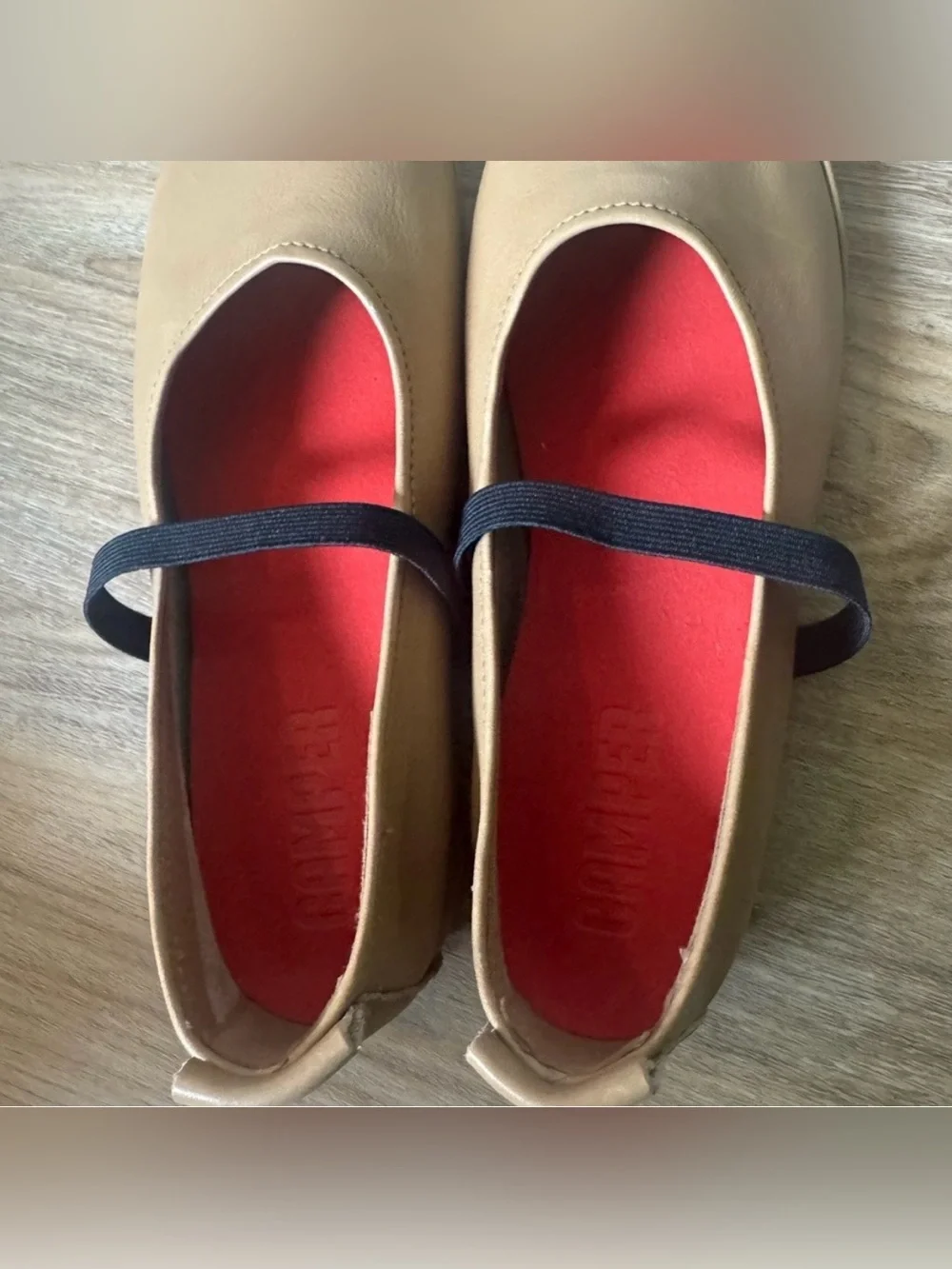 Camper Tan Leather Mary Jane Flats with Black Strap and Red Insole